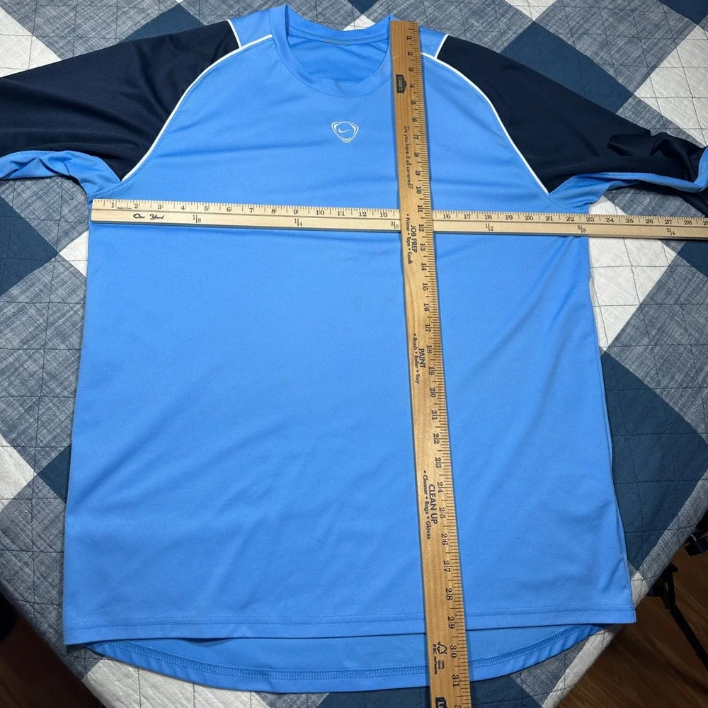 Y2K Nike Mens Long Sleeve Performance Shirt Blue Navy Colorblock Shield Logo XL